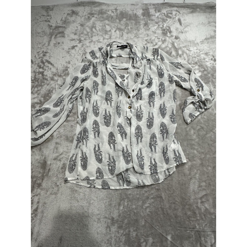 Heart Soul Button Up Blouse Women's Size Medium Black & White Long Sleeve Sheer